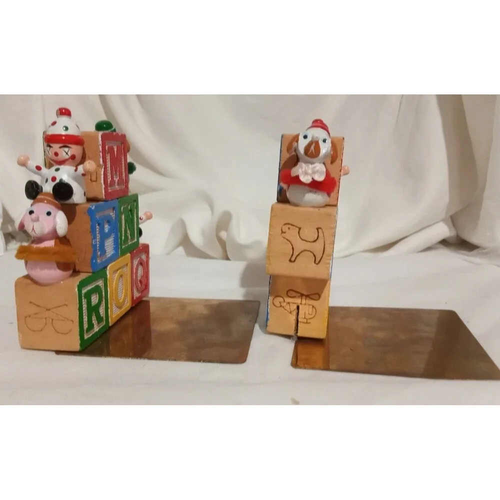 Vintage ABC Wood Block 1970's  Bookends Brass Base Wood Blocks Clown Dogs